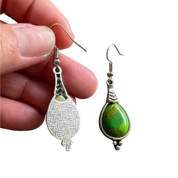 Boho Silver and Green Drop Style Earrings - Picture 6 of 7